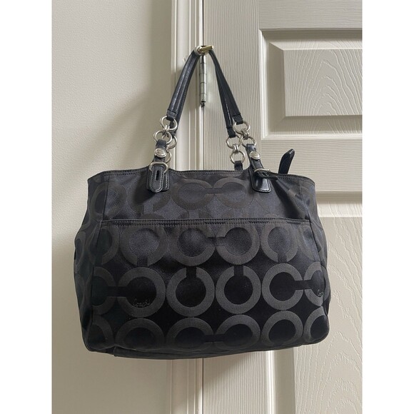 COACH SIGNATURE MIA OP ART TOTE SHOULDER BAG J1182-F15758 Black Purple Lining - Picture 6 of 16